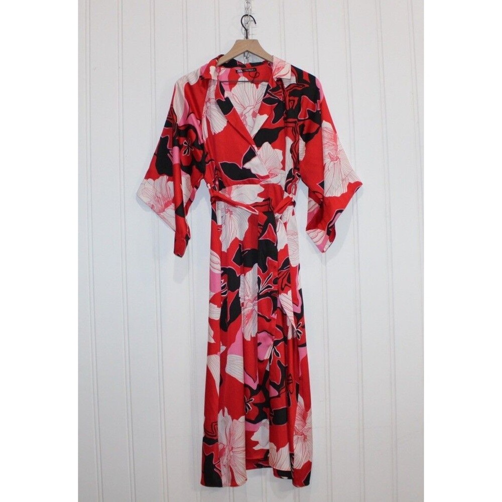 ZARA Womens XS Red Pink Floral Satin Midi Dress Surplice Tie Waist Kimono Sleeve